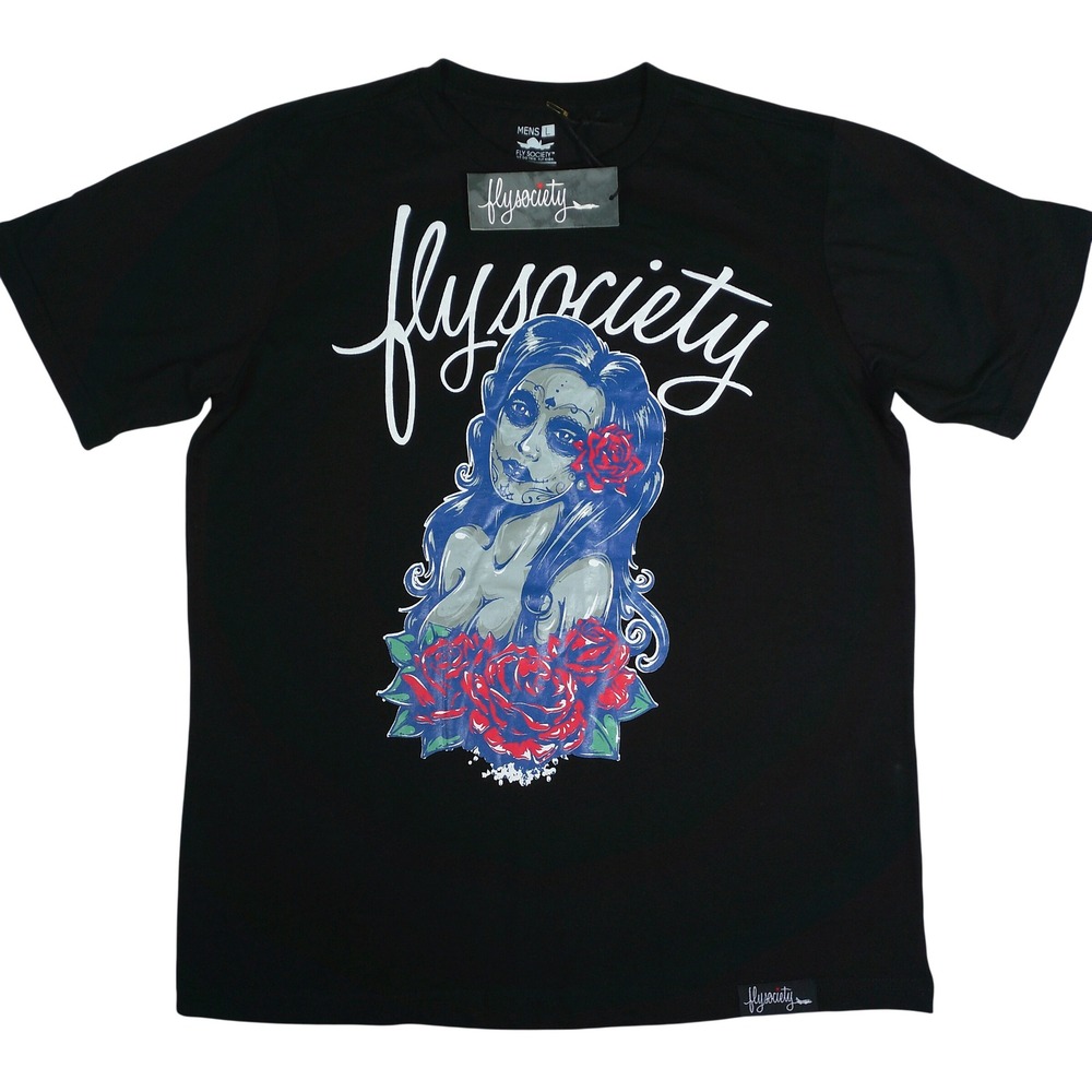 Fly Society Graphic T-Shirt Mens Large Black New Day of the Dead Sugar Skull